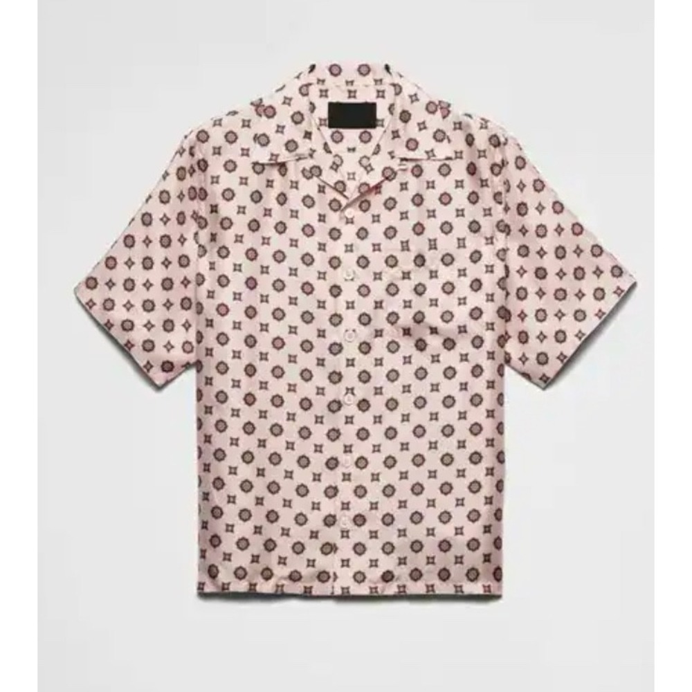 Prada Silk Arabesque Bowling Shirt Pink Alabastro Geometric Print UCS414 Small
